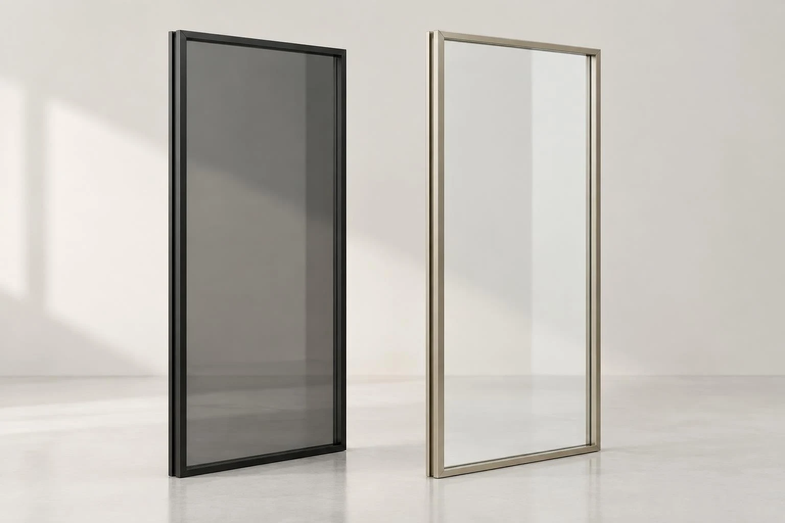 Illustration of slim black and champagne aluminum-framed glass doors.