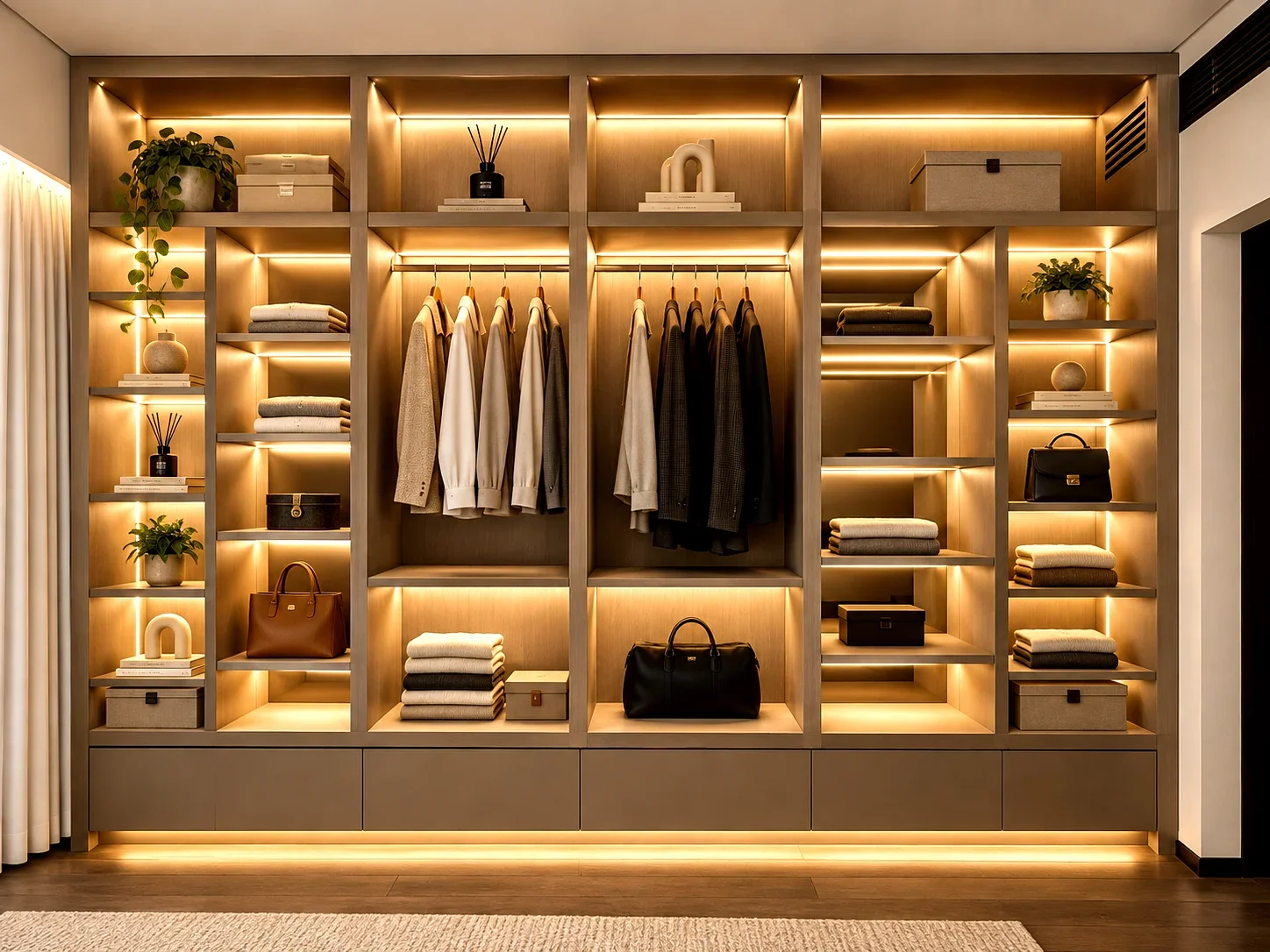Open fitted wardrobe with hanging rails, drawers and illuminated shelving.