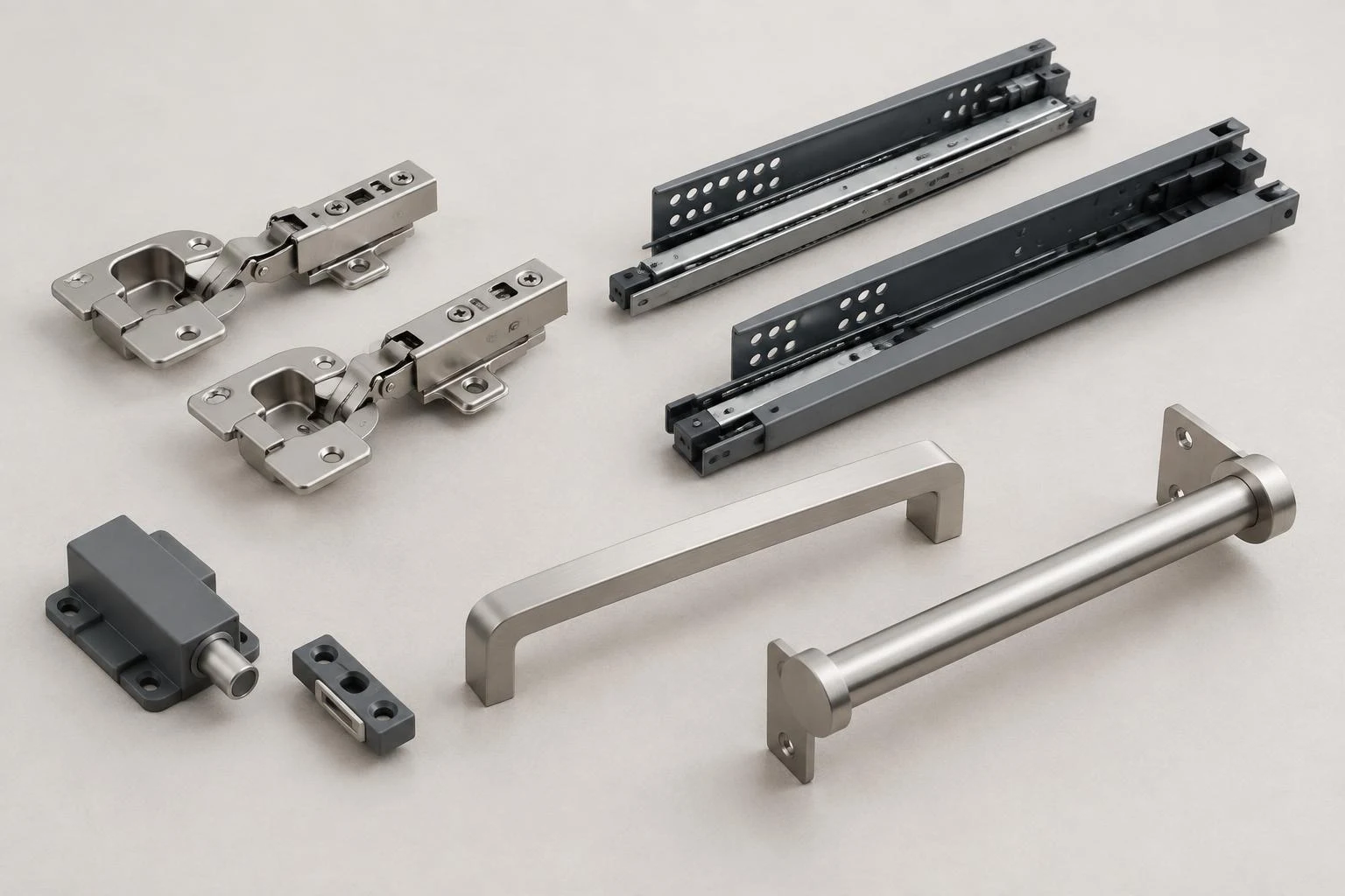 Illustration of concealed hinges, drawer runners, a push-to-open latch, handle and hanging rail.