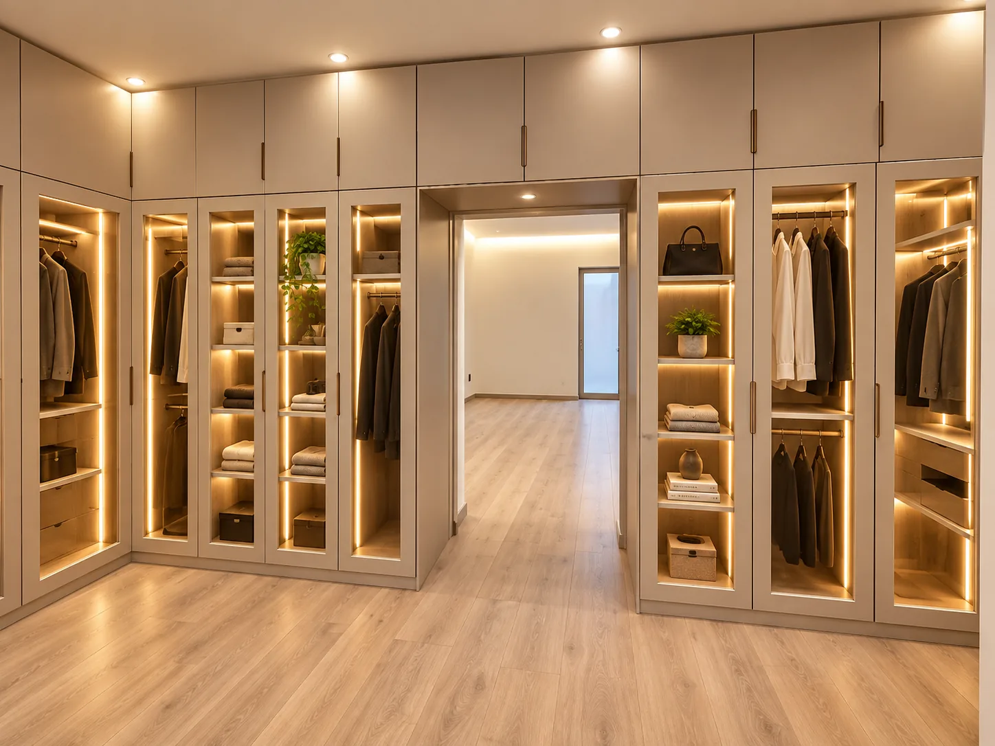 Glass-door wardrobes and illuminated accessory shelving arranged around a bright dressing room.
