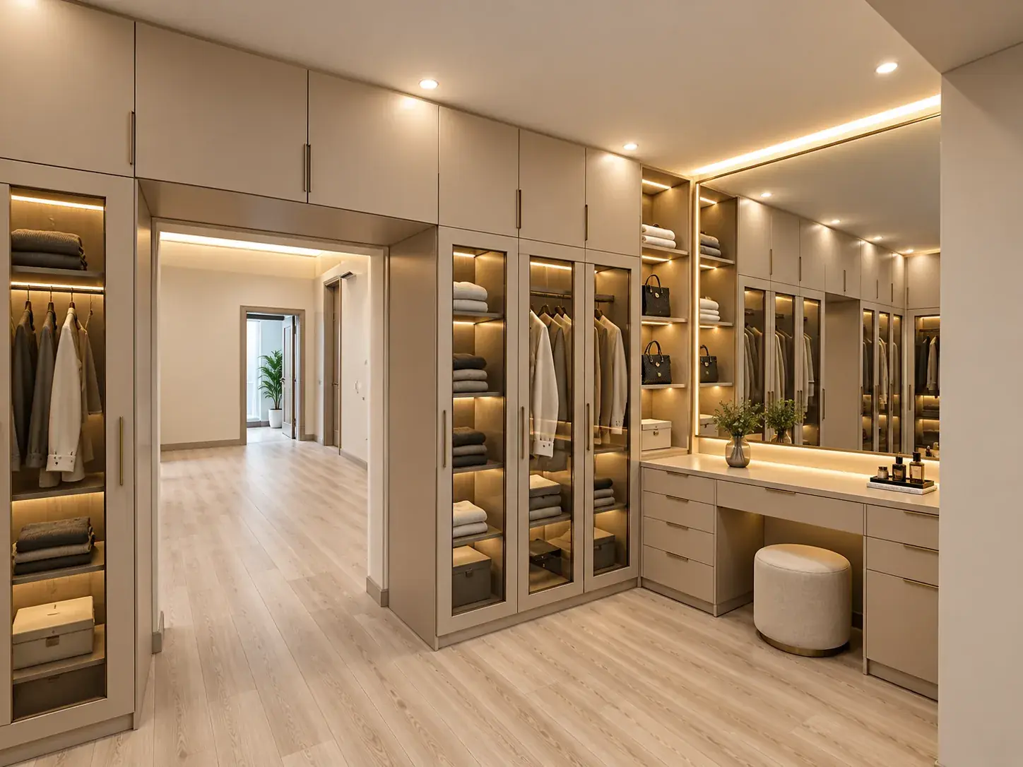 Open wardrobe storage with illuminated shelves and a central dressing table.