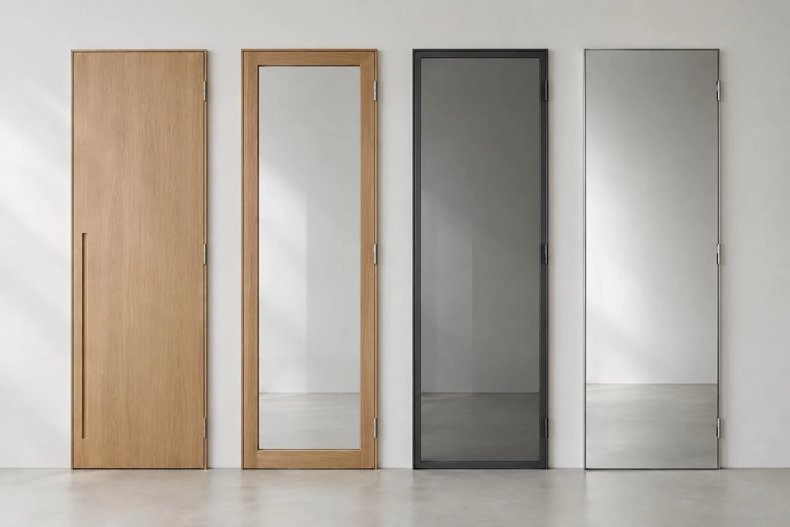 Illustration of wooden, wood-framed glass, aluminum-framed glass and mirror wardrobe doors.